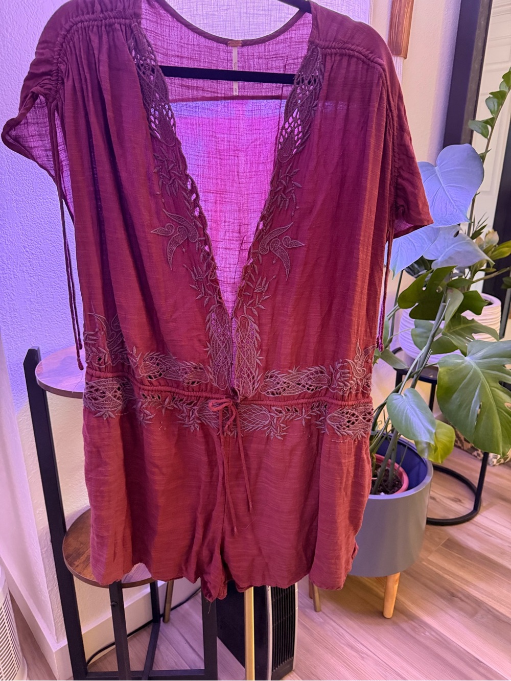 Free people Embroidered V-Neck Romper in Mauve
